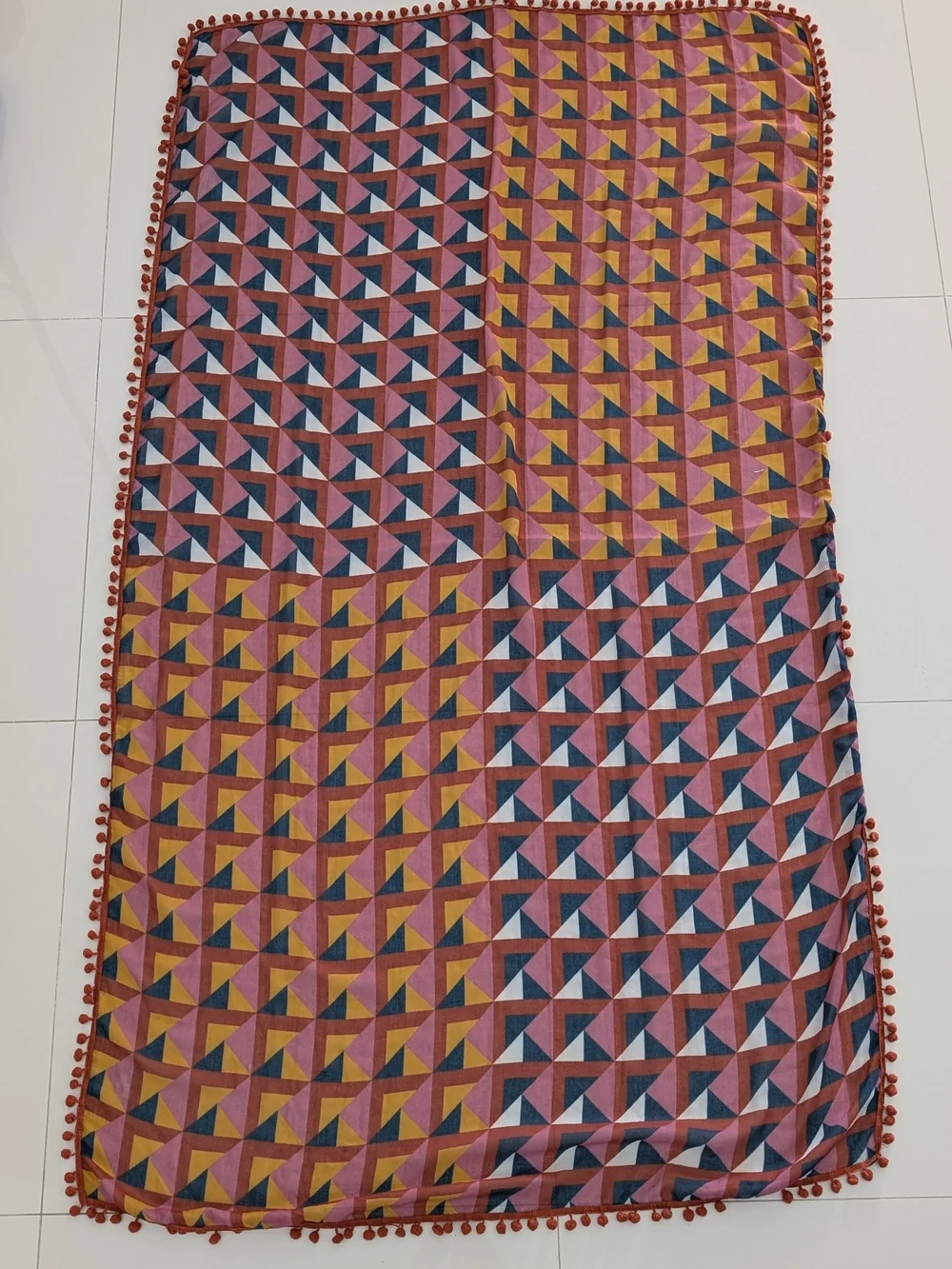 Prana Scarf Geometric Block Print Pom-Pom Trim Oversized 68